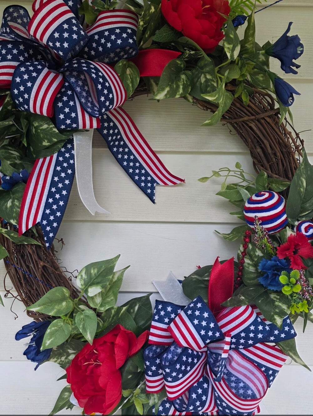Patriotic American Flag Holiday Wreath - Red, White & Blue
